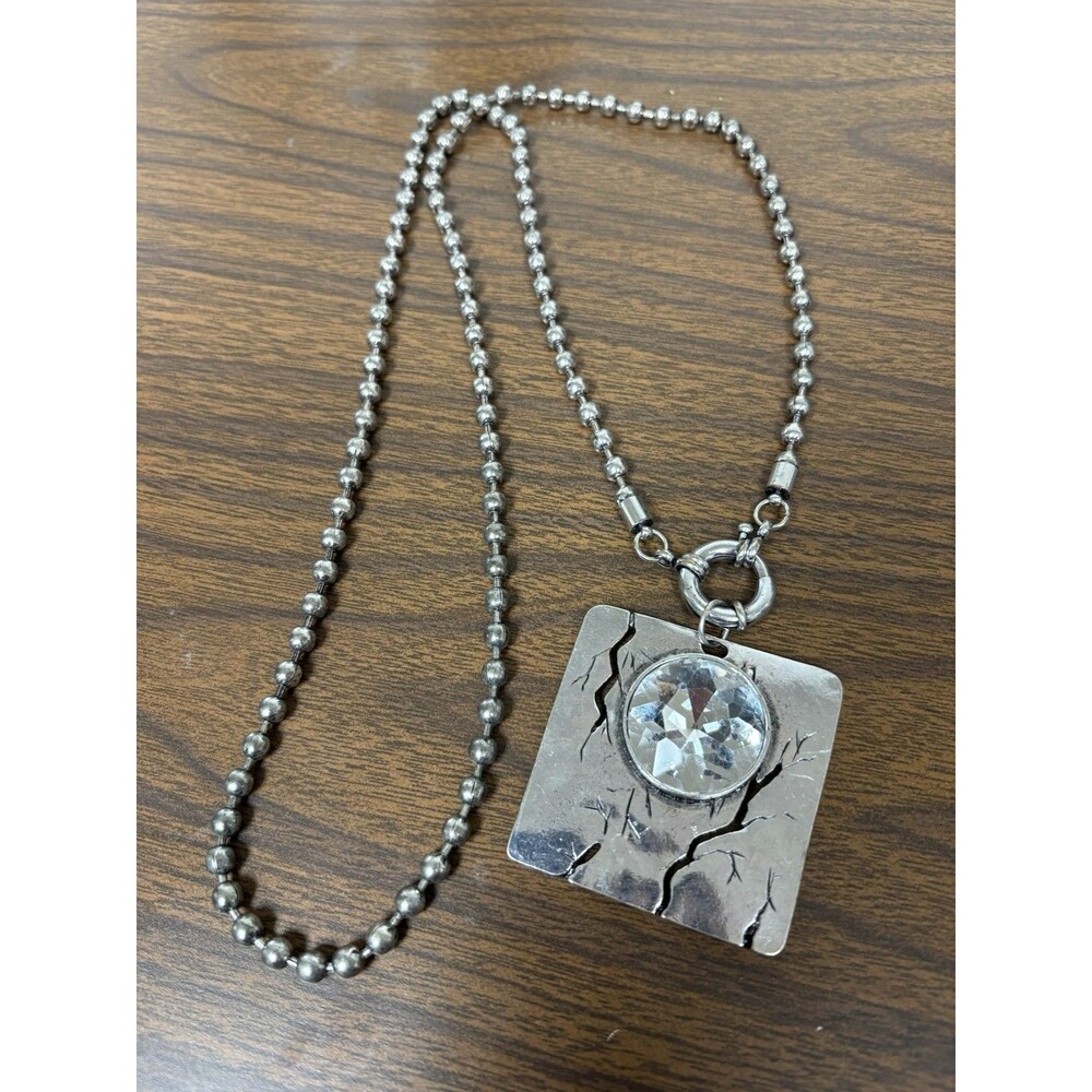 Silver Tone Long Chain Necklace Square Cracked Pendant Rhinestone